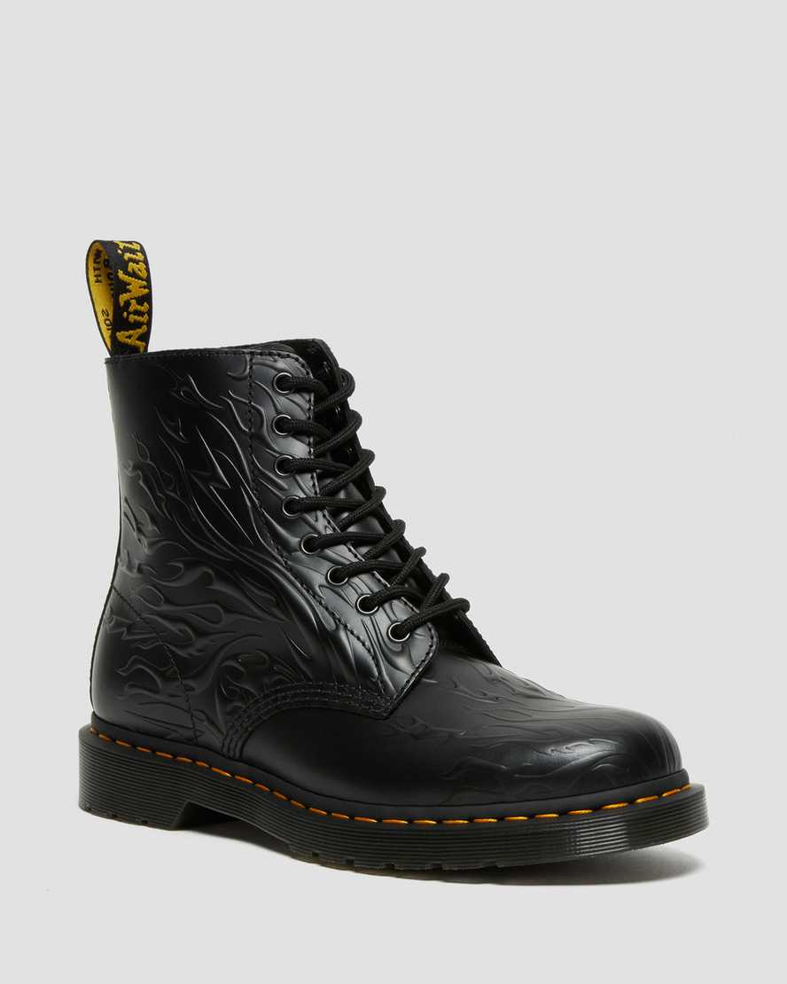 Dr. Martens 1460 Flames Emboss Nahka Naisten Nauhalliset Nilkkurit - Mustat Nilkkurit [169-UIKJGA]